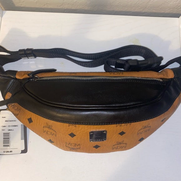 🔥 NWT MCM SIGNATURE COGNAC & BLACK LEATHER SMALL FANNY PACK WAIST BUM BAG - Picture 8 of 9